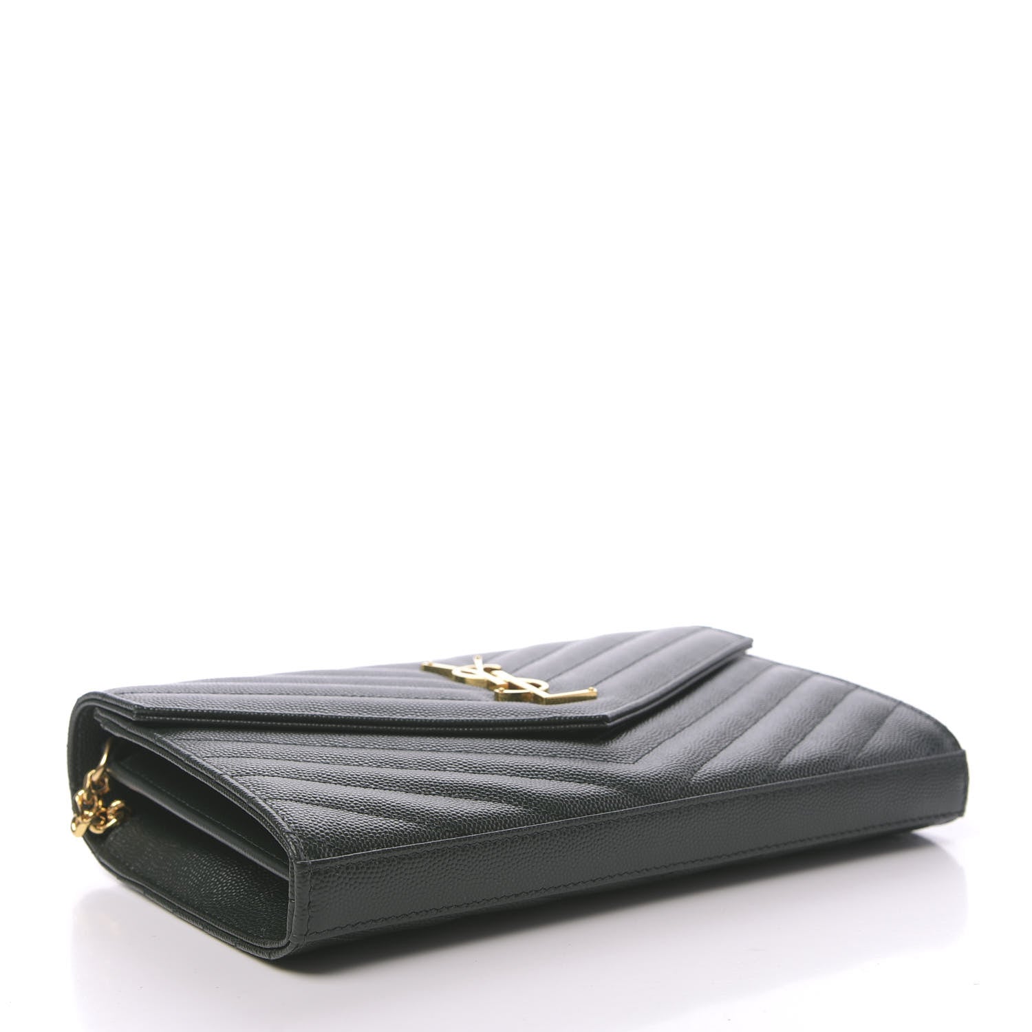 Saint Laurent Grain De Poudre Matelasse Chevron Monogram Chain Wallet Dark Green 4 of 10