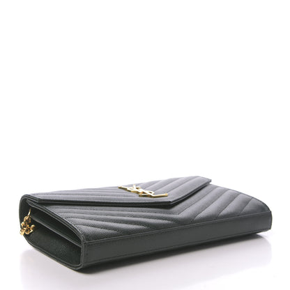 Saint Laurent Grain De Poudre Matelasse Chevron Monogram Chain Wallet Dark Green 4 of 10