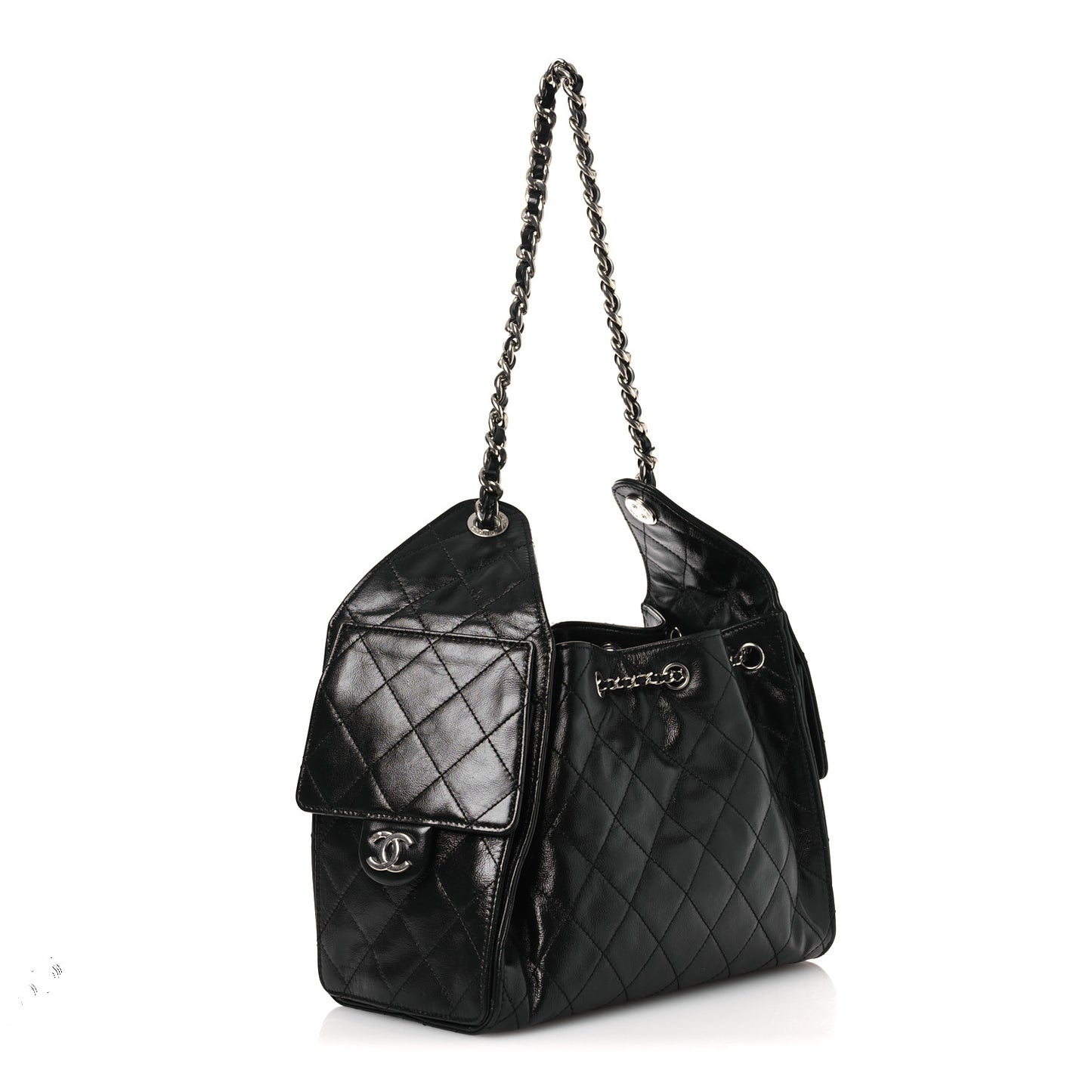 Shiny Crumpled Calfskin Quilted Small Chanel 25 Handbag Black