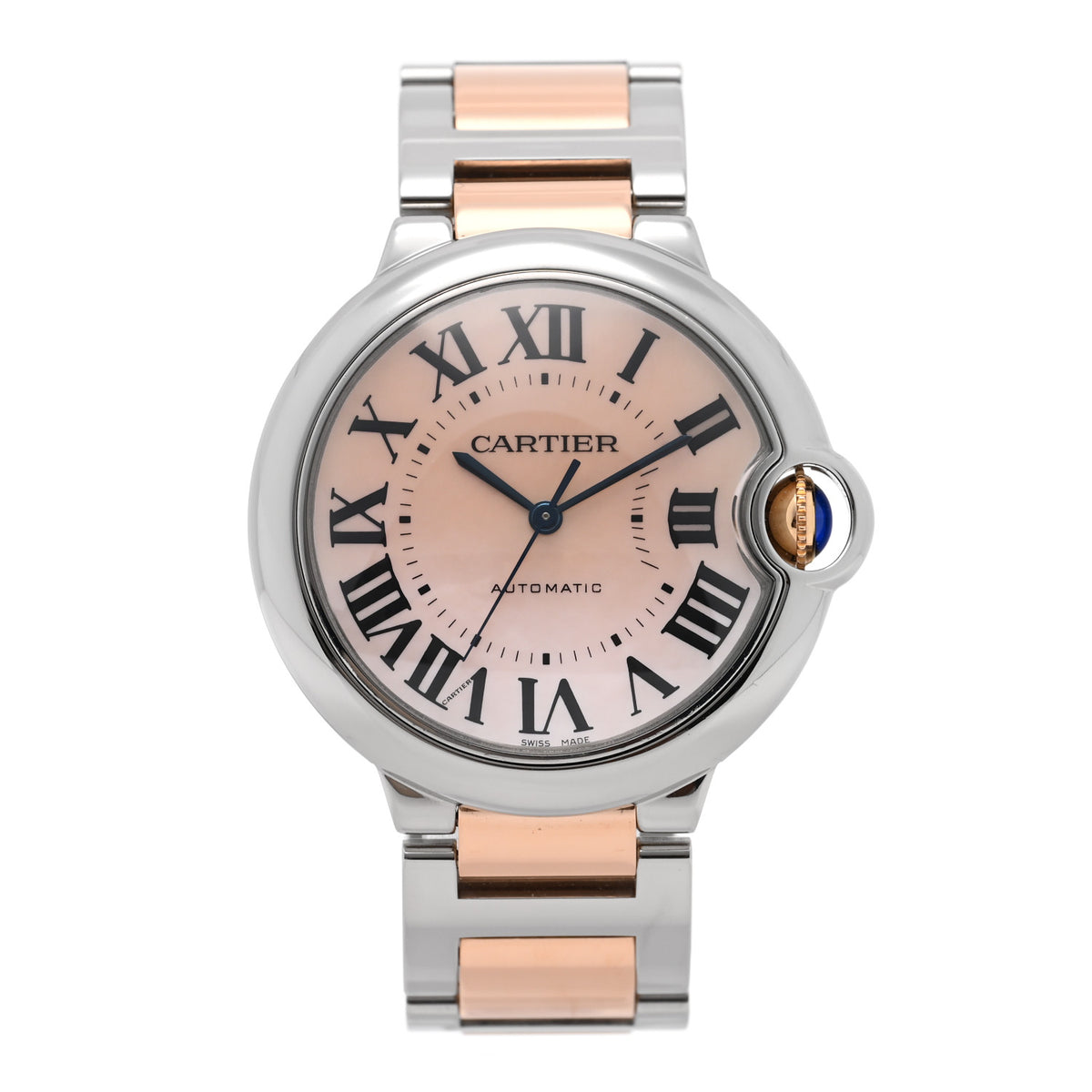 Stainless Steel 18K Yellow Gold Pink Mother of Pearl 36mm Ballon Bleu De Cartier Automatic Watch