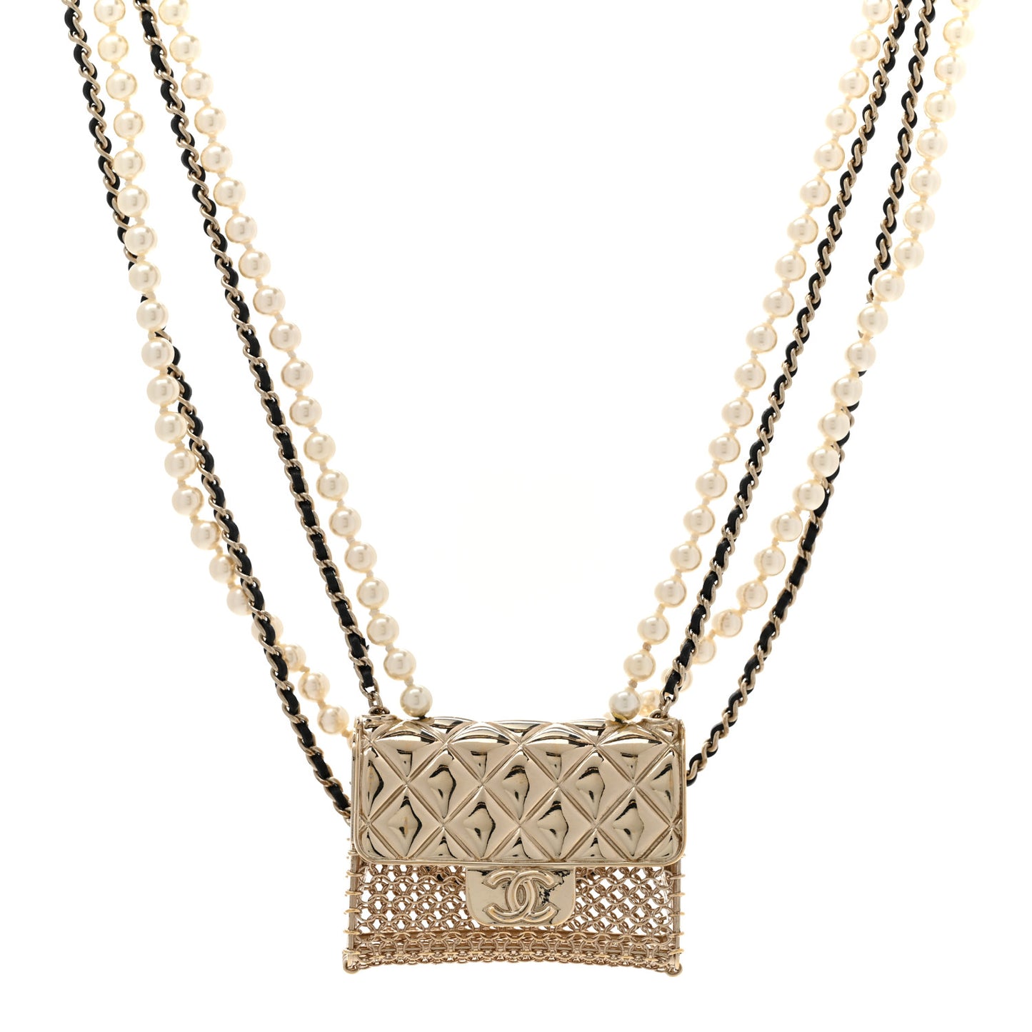 Metal Lambskin Pearl Chain Flap Bag Multi Strand Long Necklace Gold Black Pearly White