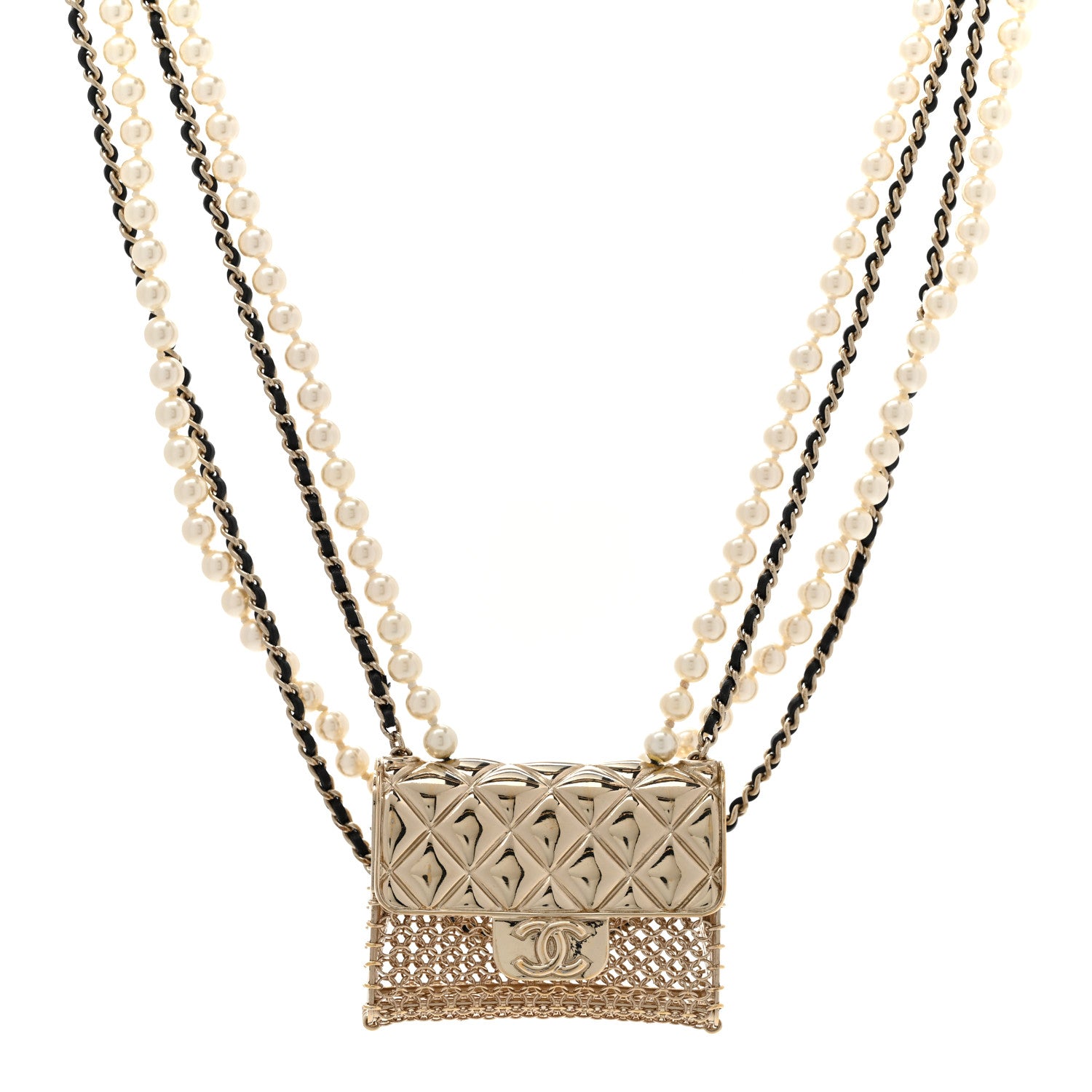 Chanel Metal Lambskin Pearl Chain Flap Bag Multi Strand Long Necklace Gold Black Pearly White 1 of 6