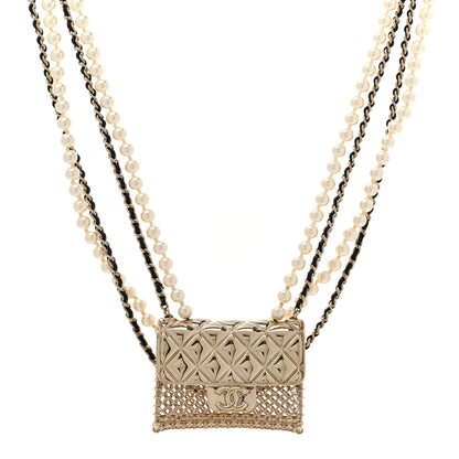 Chanel Metal Lambskin Pearl Chain Flap Bag Multi Strand Long Necklace Gold Black Pearly White 1 of 6
