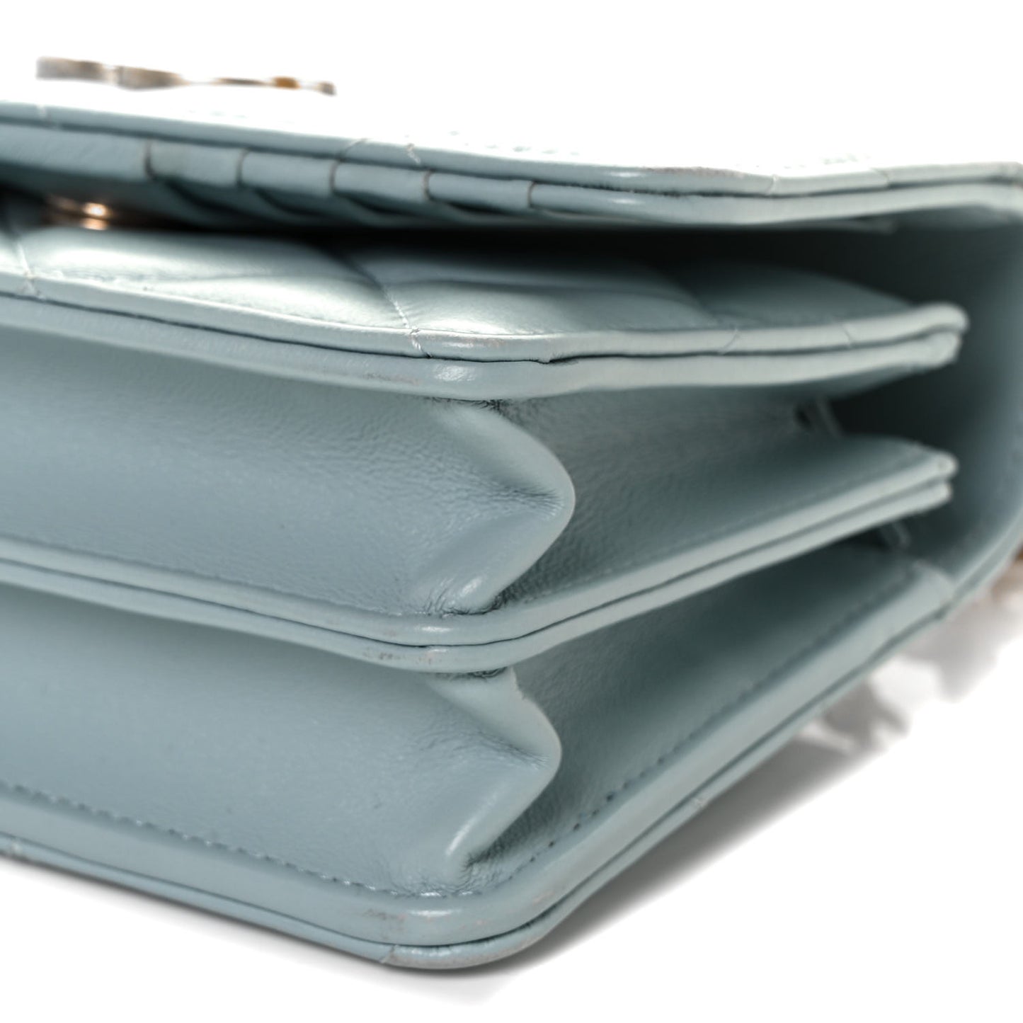 Lambskin Enamel Quilted Pending CC Clutch With Chain Light Blue