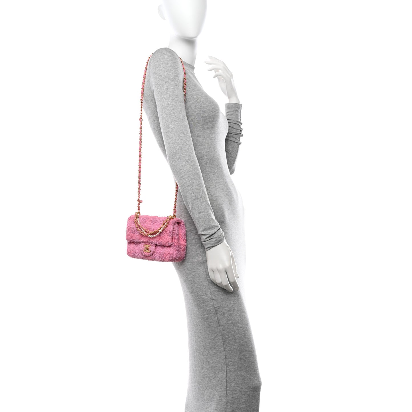 Tweed Quilted Pearl Twist Mini Square Flap Pink Dark Pink