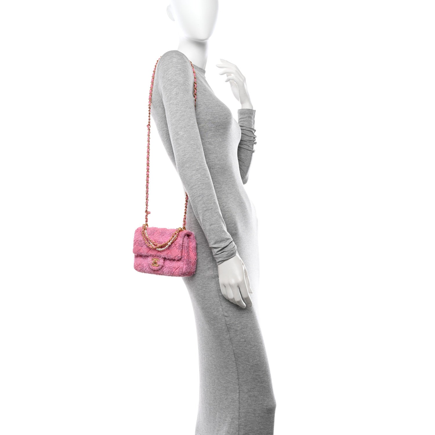 Chanel Tweed Quilted Pearl Twist Mini Square Flap Pink Dark Pink 2 of 11