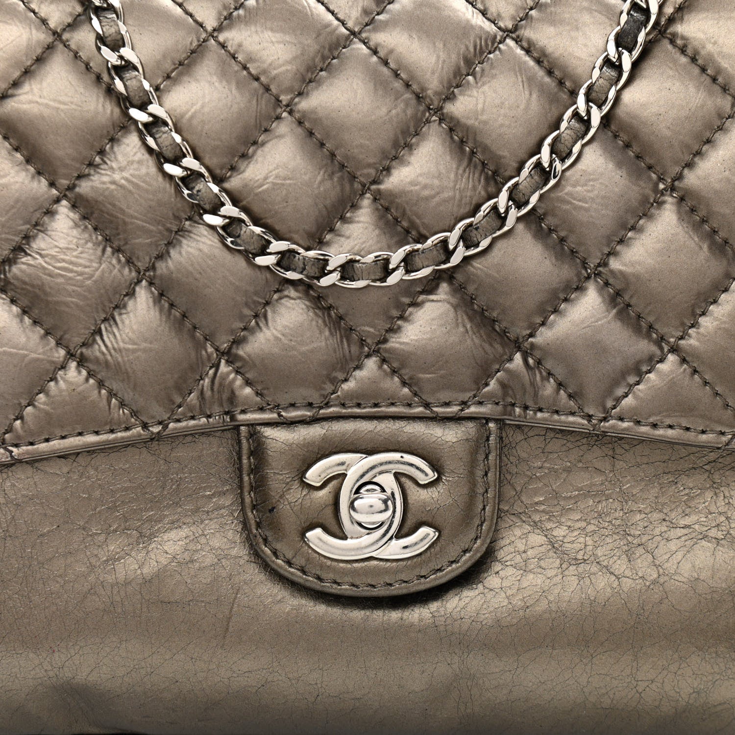 Chanel Metallic Crackled Calfskin Medium Clam's Pocket Flap Dark Silver 8 of 13