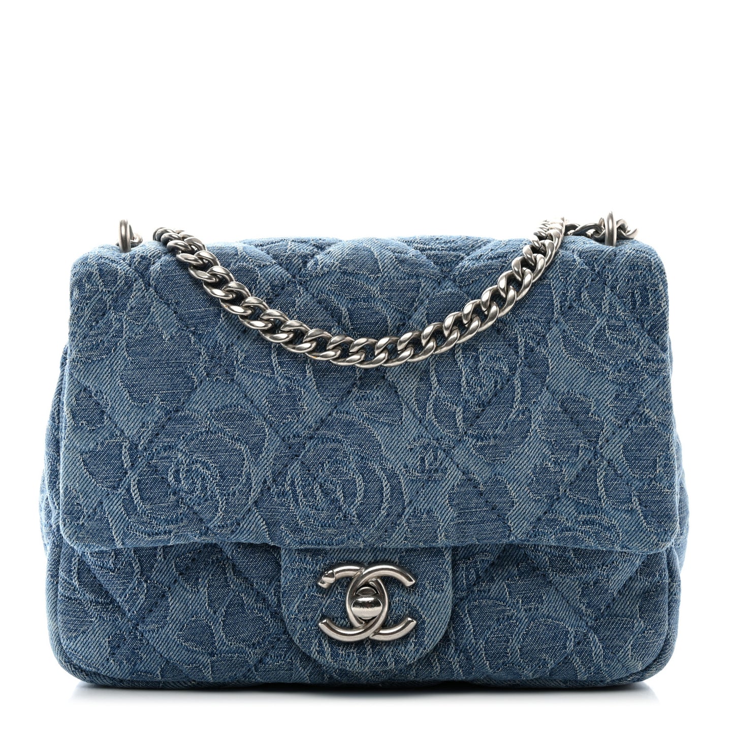 Denim Quilted Camellia Sweetheart Mini Flap Blue