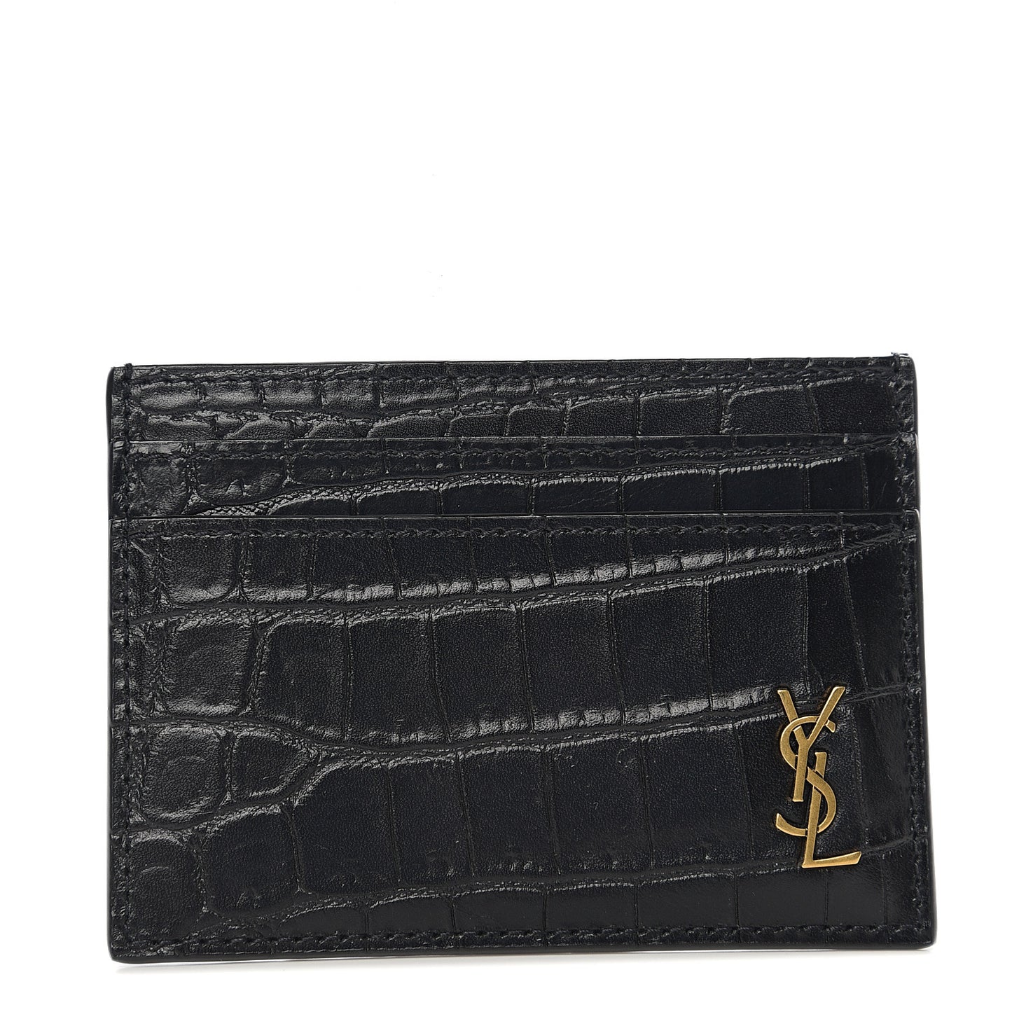 Calfskin Crocodile Embossed Monogram Tiny Cassandra Credit Card Case Black