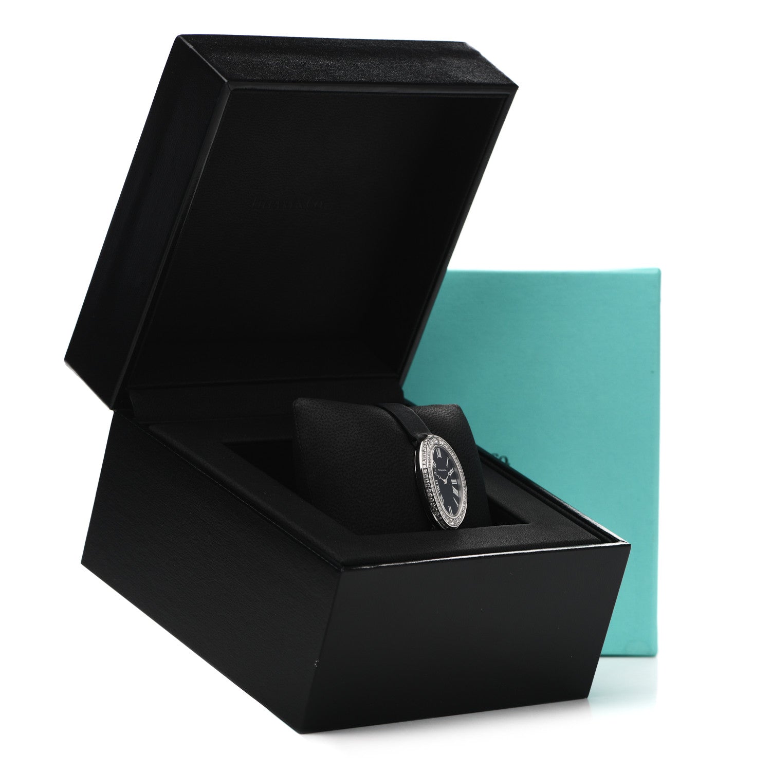 Tiffany 18K White Gold Satin Diamond Bezel 19mm 2-Hand Cocktail Quartz Watch Black 7 of 7