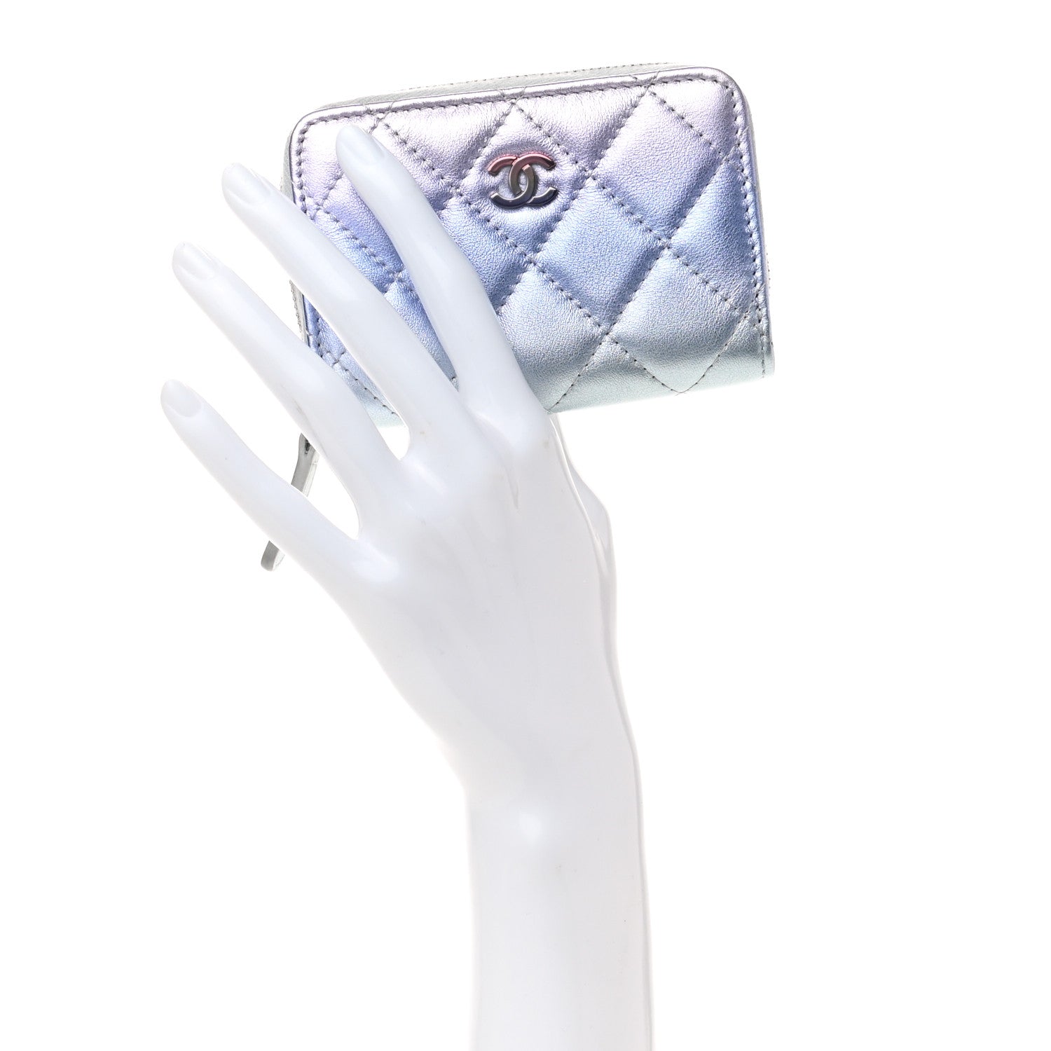 Chanel Gradient Metallic Calfskin Quilted Zip Around Coin Purse Wallet Silver Blue Yellow Purple 2 of 7