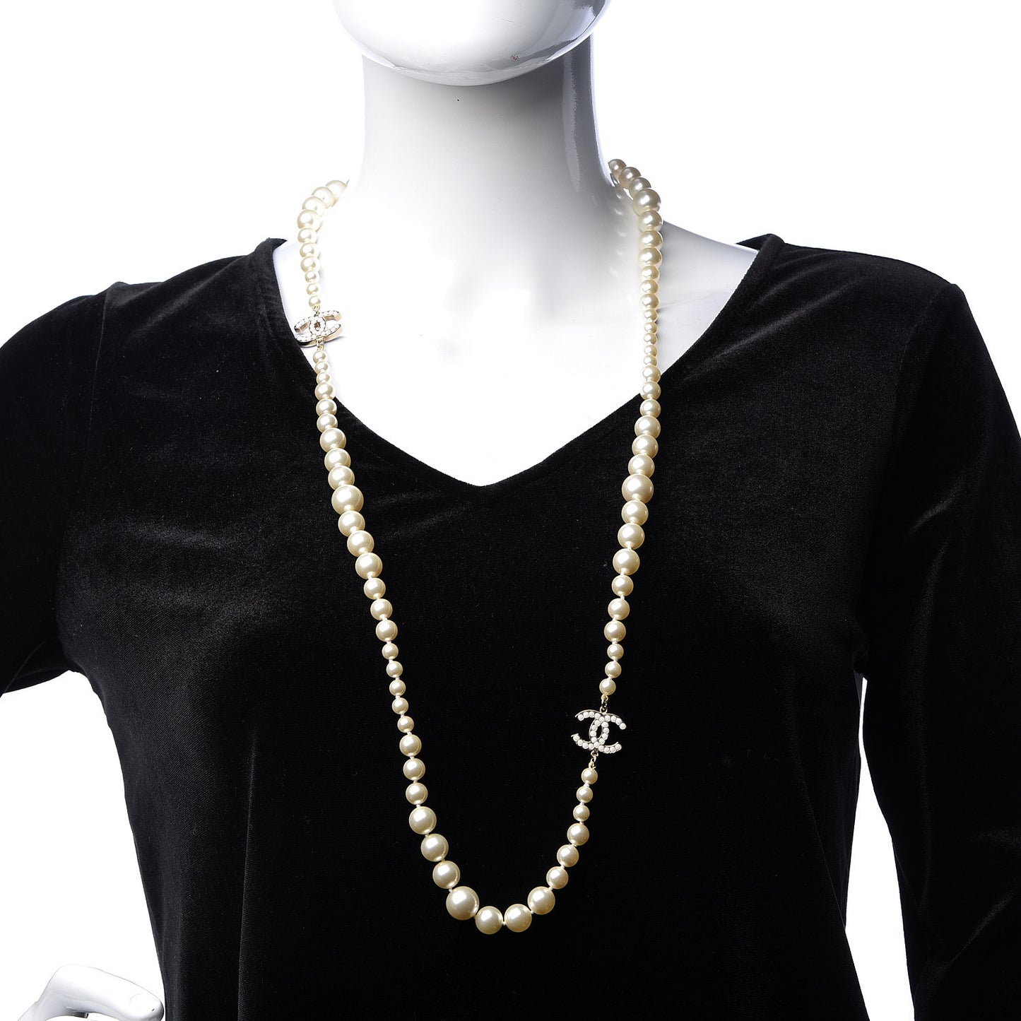 Graduated Pearl CC Long Necklace Light Gold