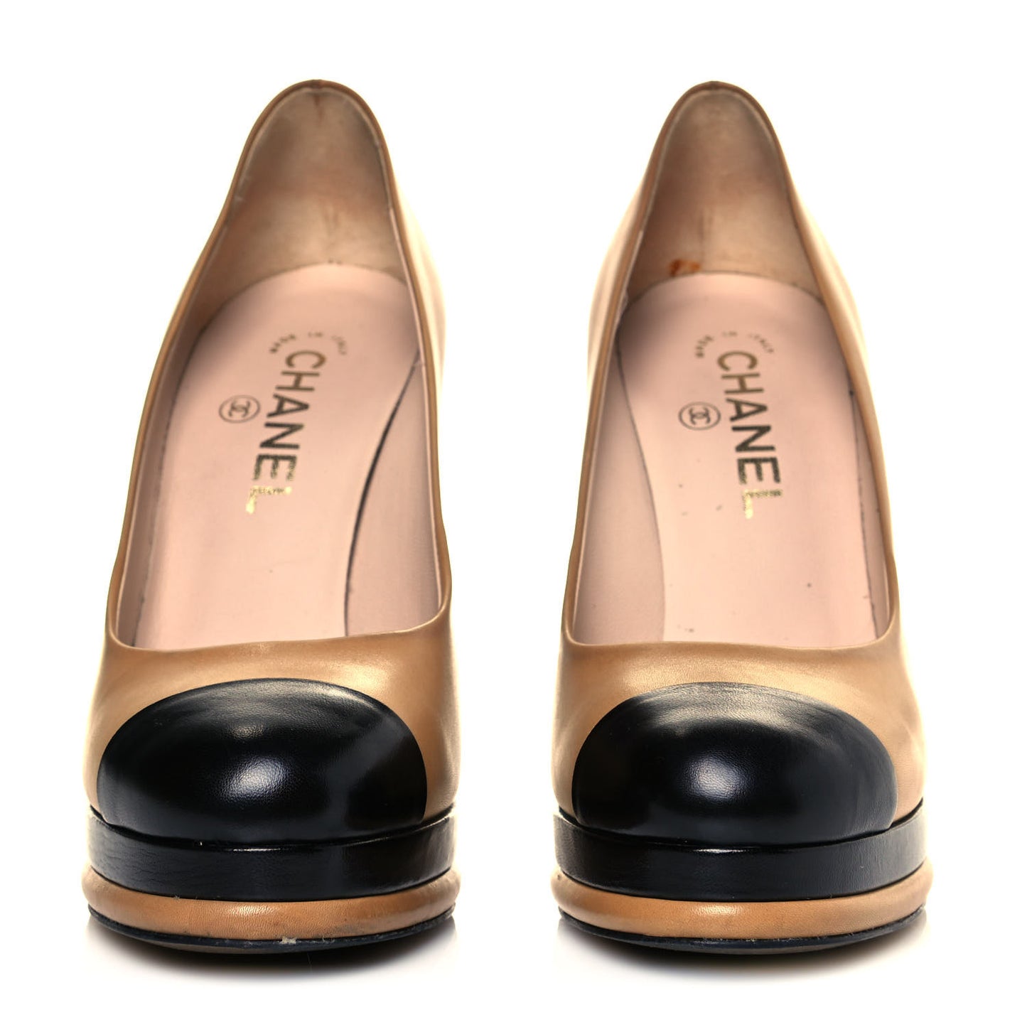 Lambskin Platform Cap Toe Pumps 38 Beige Black