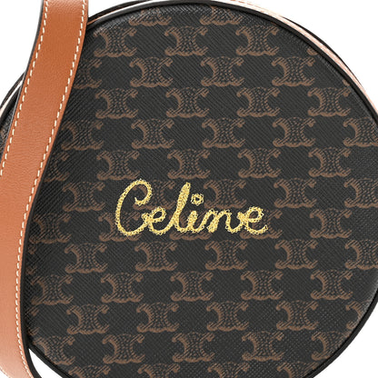 Celine Triomphe Canvas Embroidered Logo Round Purse On Strap Black Tan 8 of 10