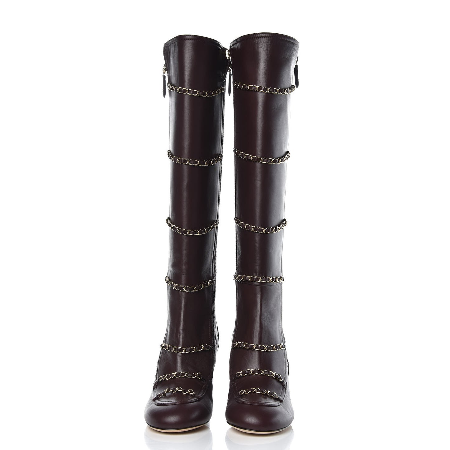 Lambskin Patent Calfskin Chained High Boots 38 Bordeaux