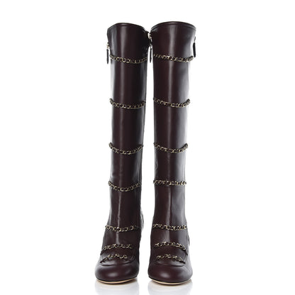 Chanel Lambskin Patent Calfskin Chained High Boots 38 Bordeaux 2 of 8