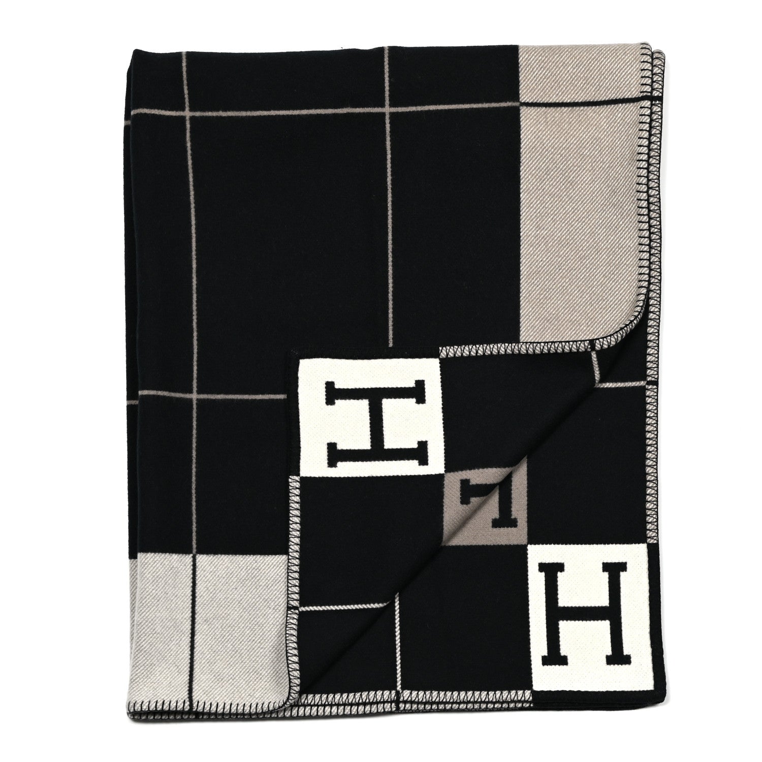 Hermes Wool Cashmere Avalon III Blanket Ecru Black 2 of 3