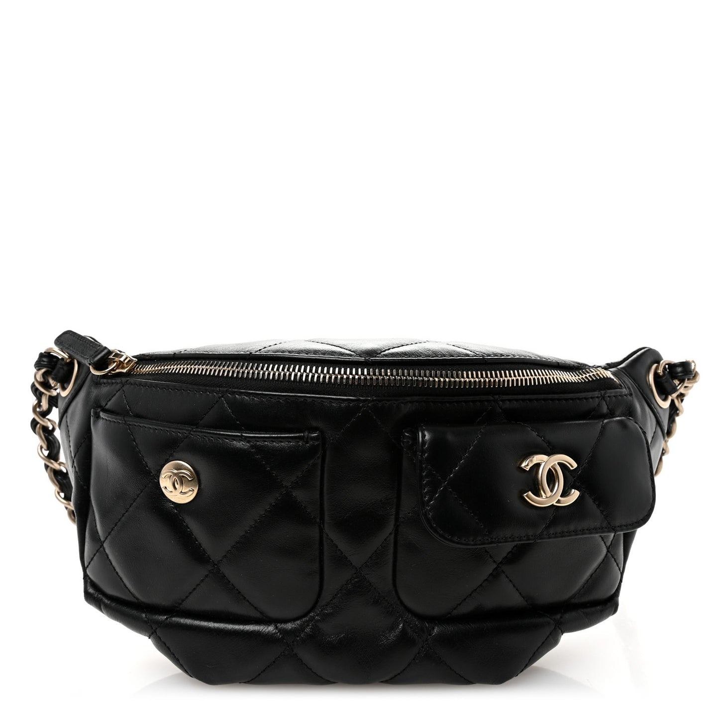 Shiny Aged Calfskin Quilted CC Pockets Jacket Waist Belt Bag Black