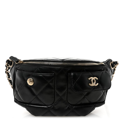 Chanel Shiny Aged Calfskin Quilted CC Pockets Jacket Waist Belt Bag Black 1 of 12