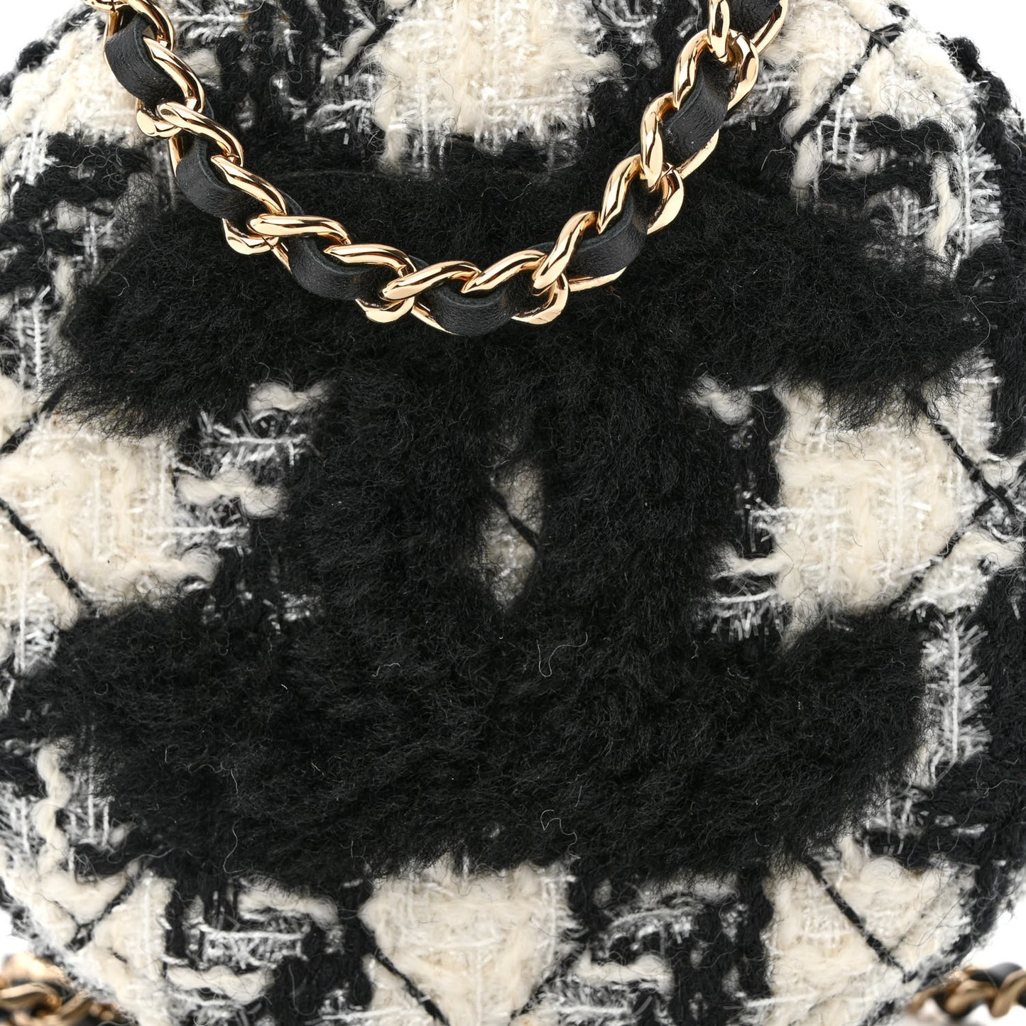 Tweed Shearling Round Clutch With Chain and Coin Purse Black and White