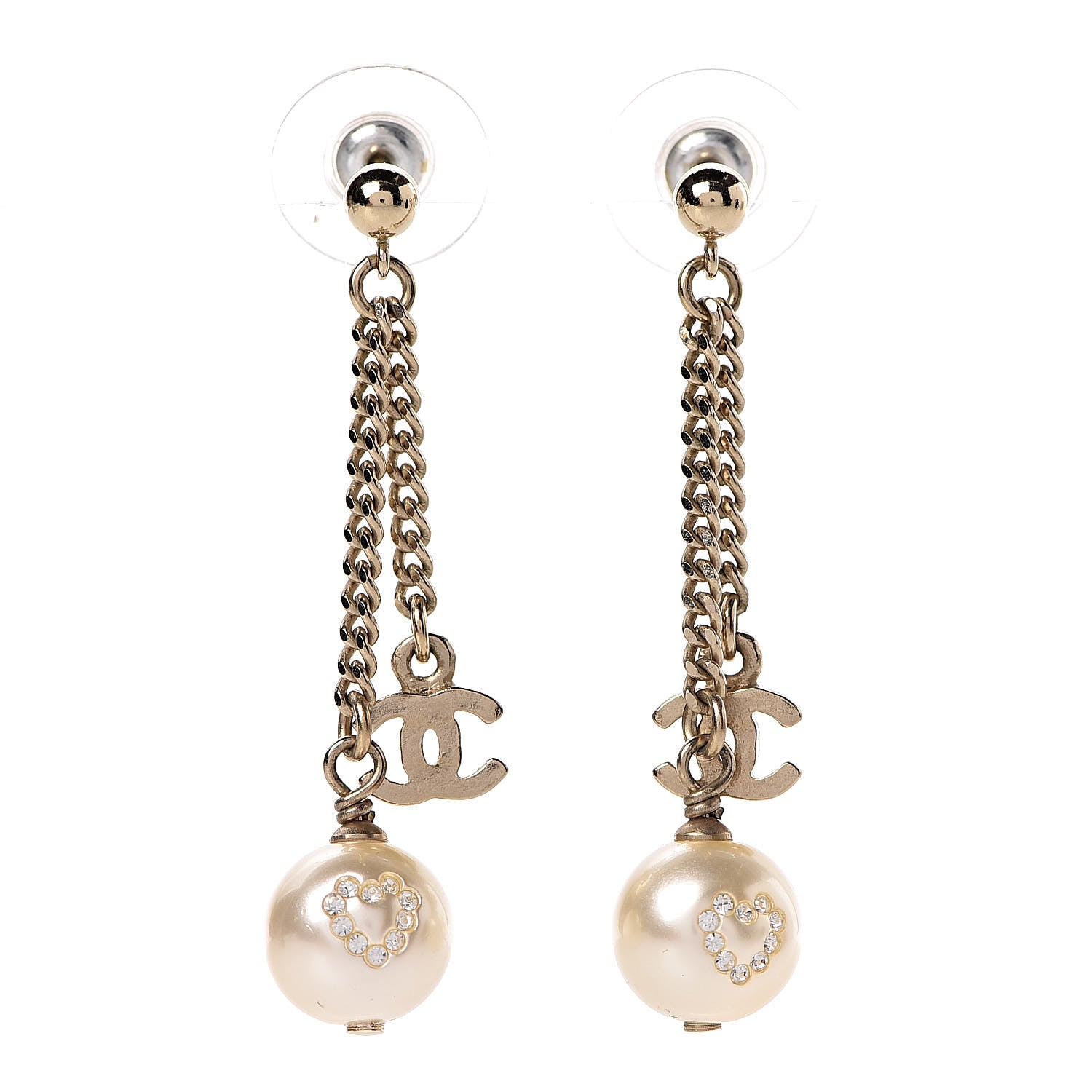 Chanel Pearl Crystal CC Drop Earrings Gold 1 of 4