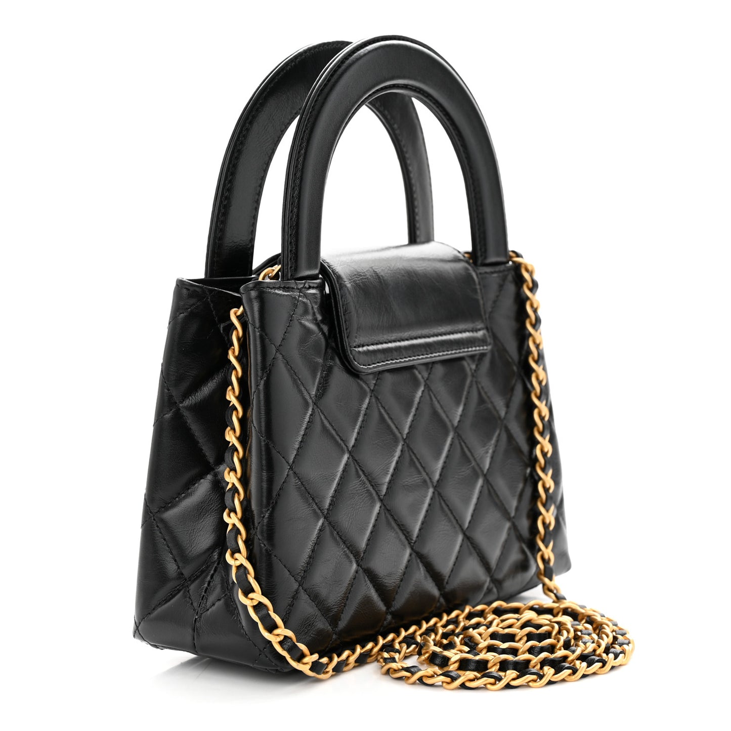 Shiny Aged Calfskin Quilted Nano Kelly Shopper Black