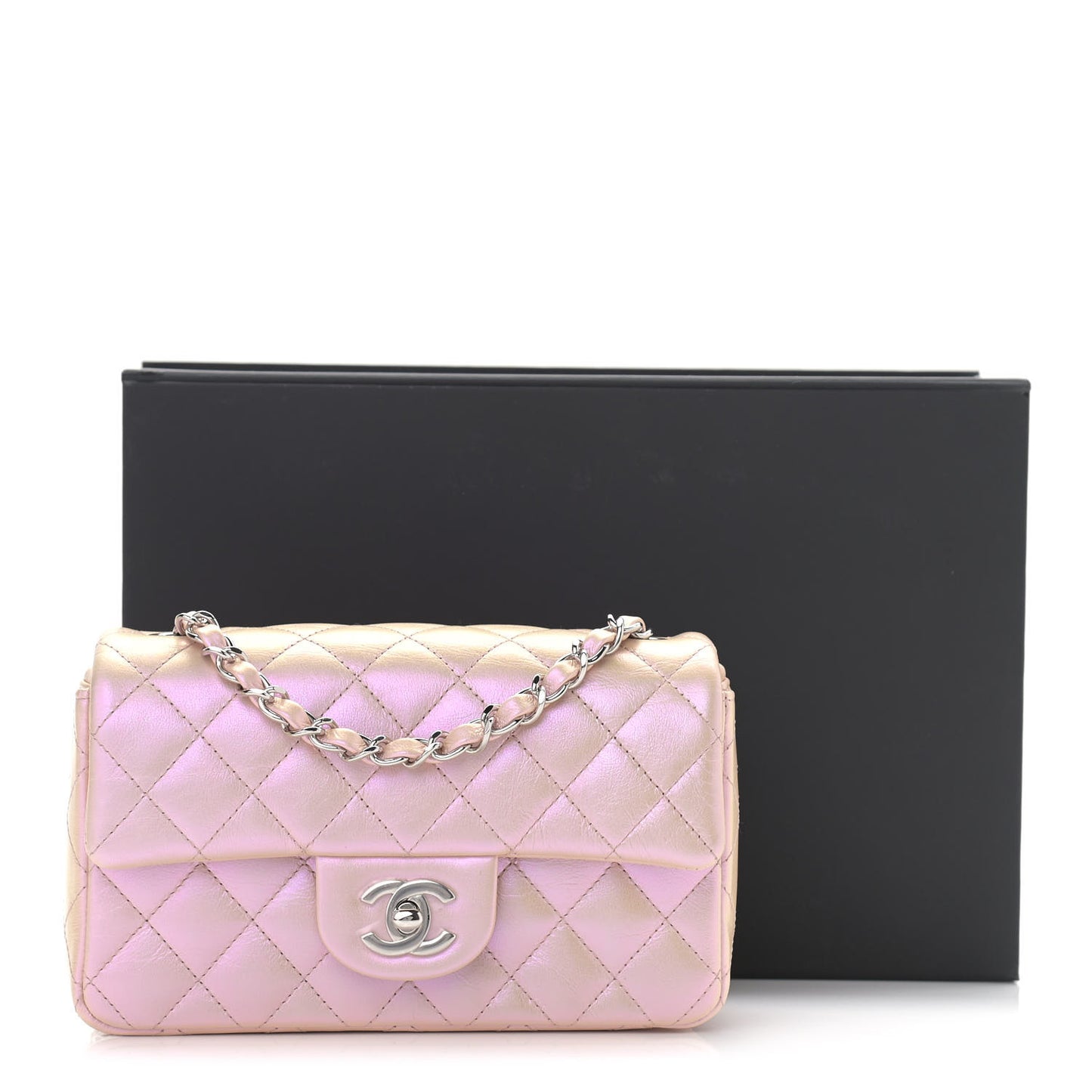 Iridescent Calfskin Quilted Mini Rectangular Flap Pink