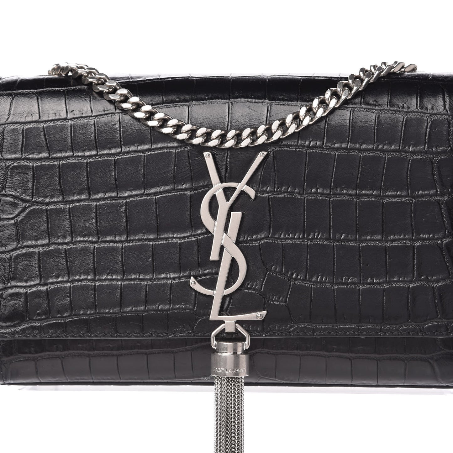 Calfskin Crocodile Embossed Small Classic Monogram Kate Tassel Satchel Black