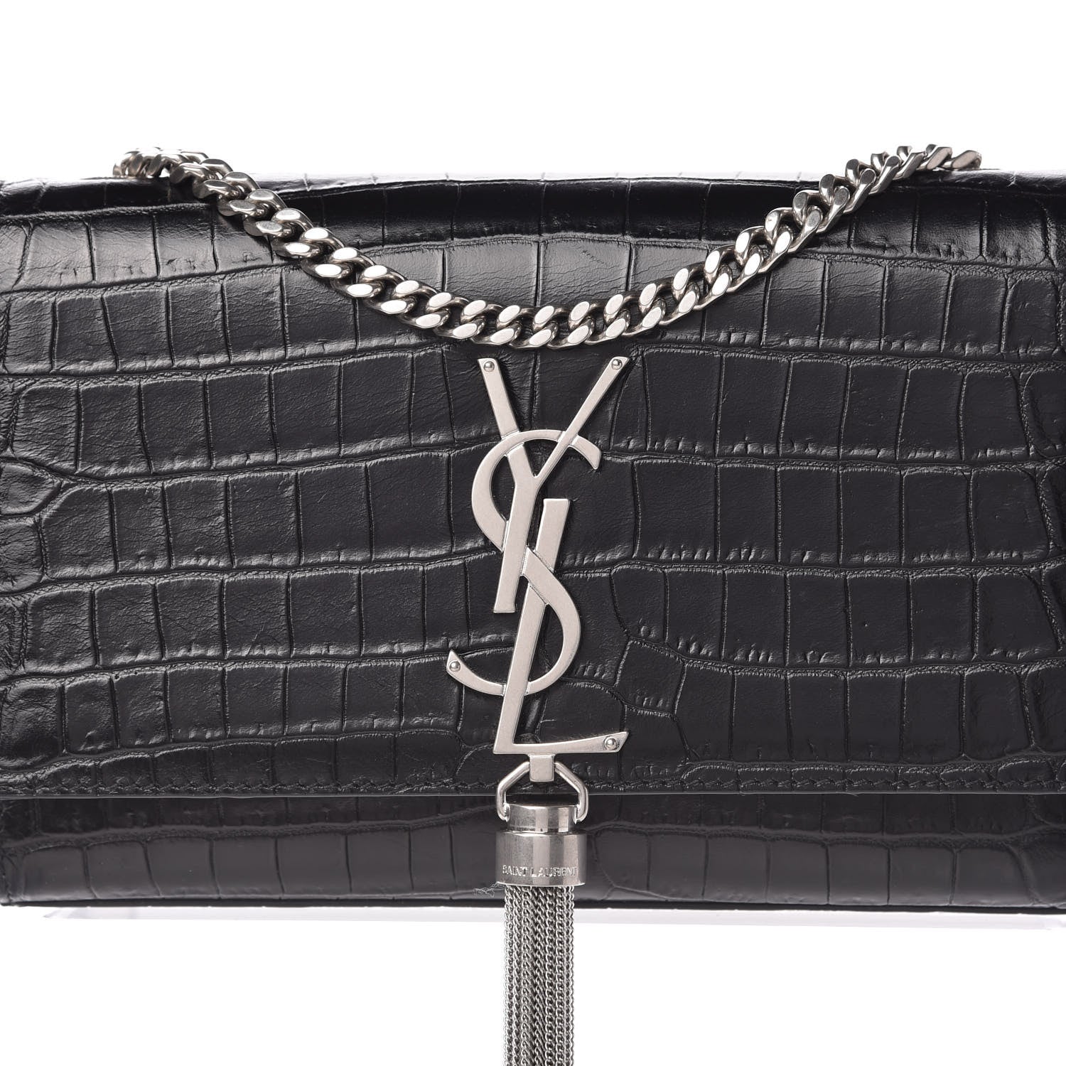 Saint Laurent Calfskin Crocodile Embossed Small Classic Monogram Kate Tassel Satchel Black 9 of 9