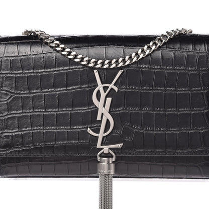 Saint Laurent Calfskin Crocodile Embossed Small Classic Monogram Kate Tassel Satchel Black 9 of 9