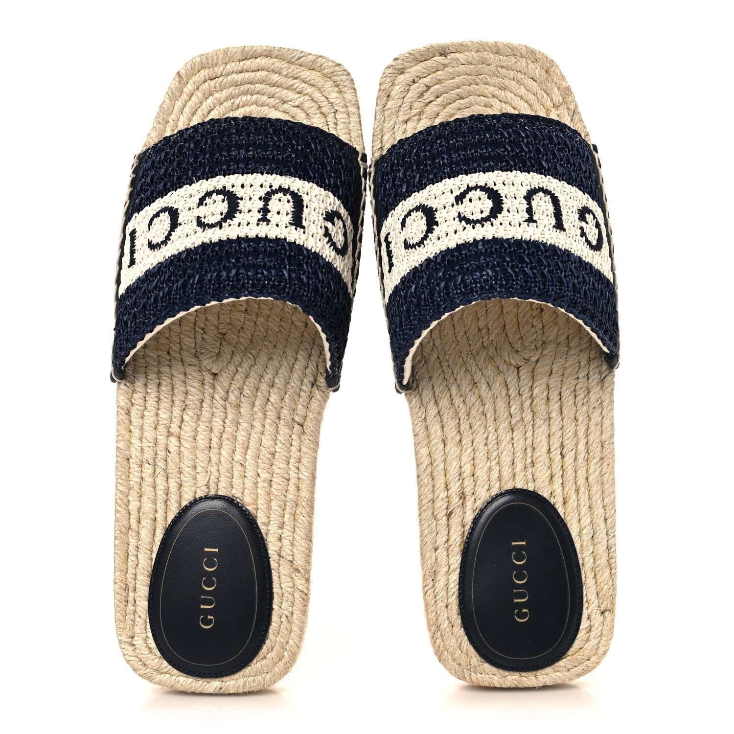 Gucci Macrochet Raffia Logo Flat Slide Espadrille Sandals 37.5 Blue Great White 2 of 10