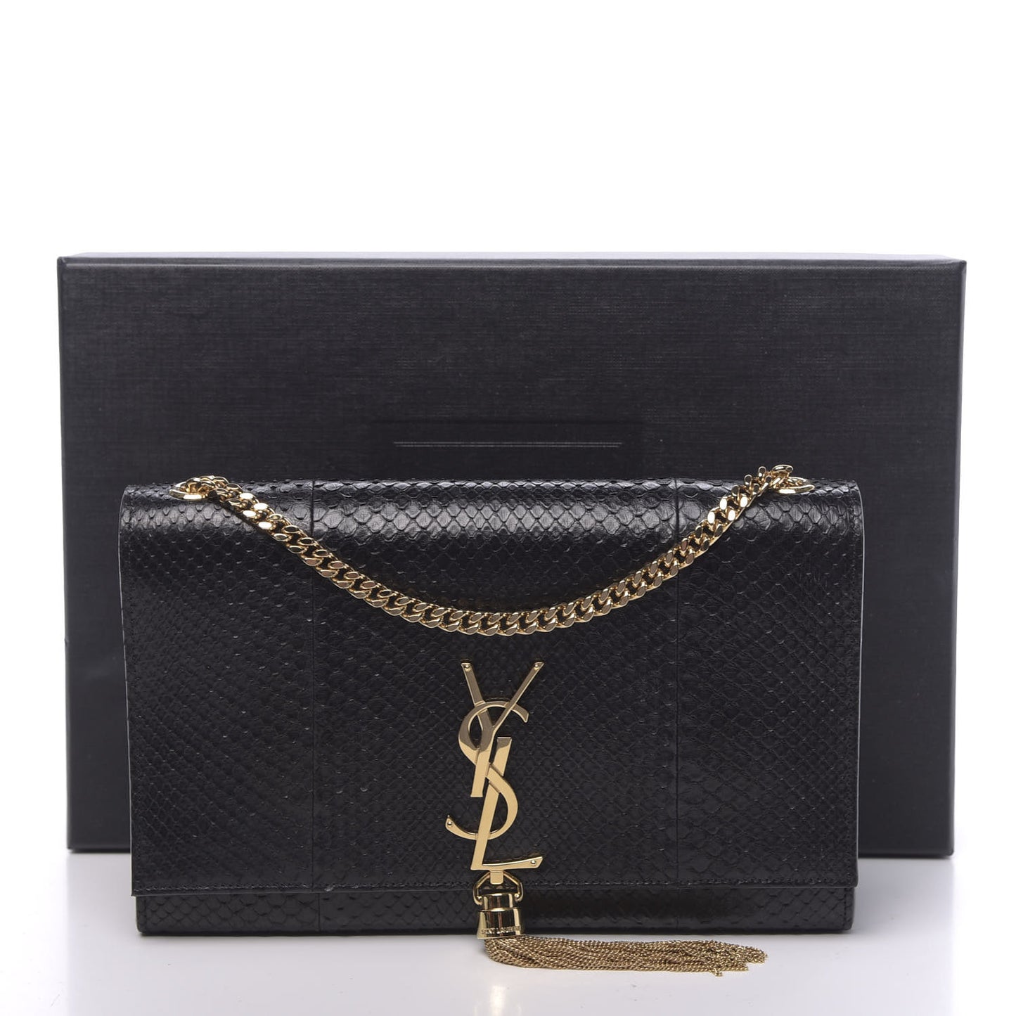 Snakeskin Medium Classic Monogram Kate Tassel Satchel Black
