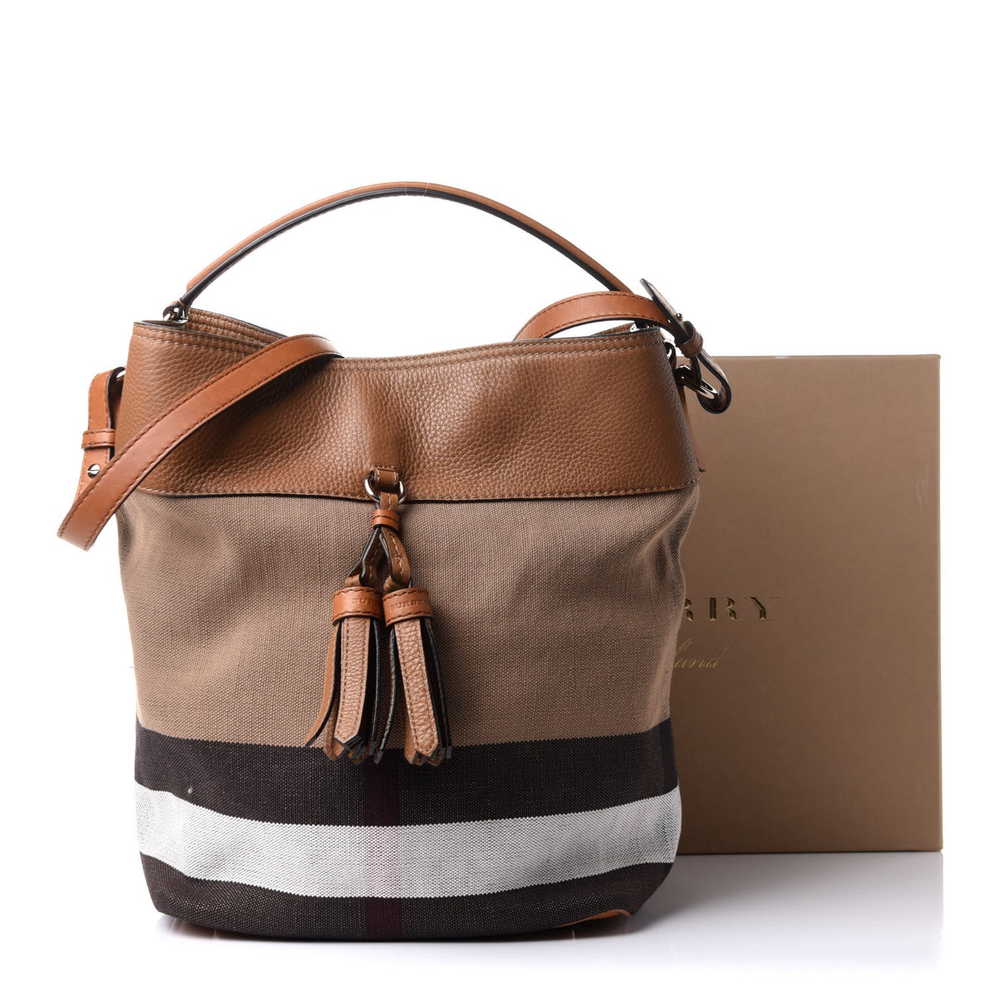 Grainy Calfskin Canvas Mega Check Medium Ashby Tassel Hobo Saddle Brown