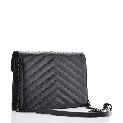 Saint Laurent Grain De Poudre Matelasse Chevron Monogram Envelope Chain Wallet Black 3 of 8