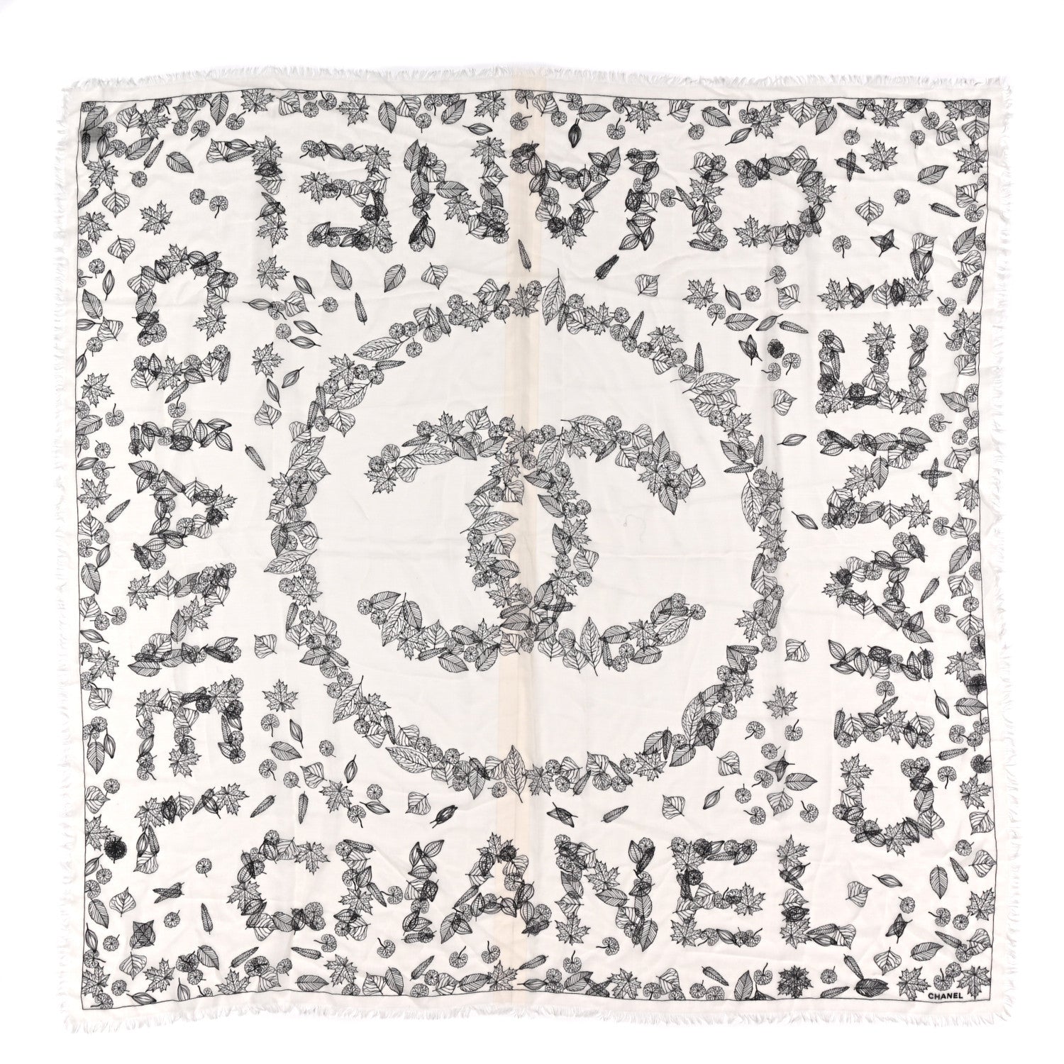 Chanel Cashmere CC Logo Leaves Scarf White Black 1 of 4
