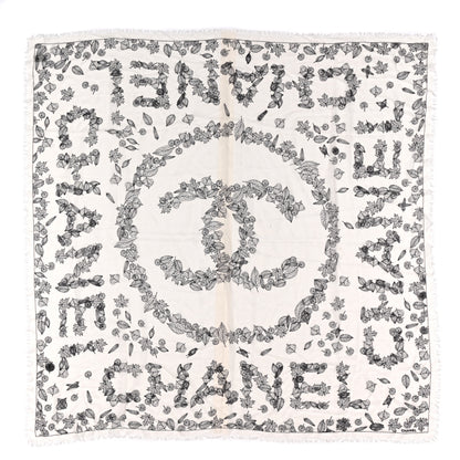 Chanel Cashmere CC Logo Leaves Scarf White Black 1 of 4