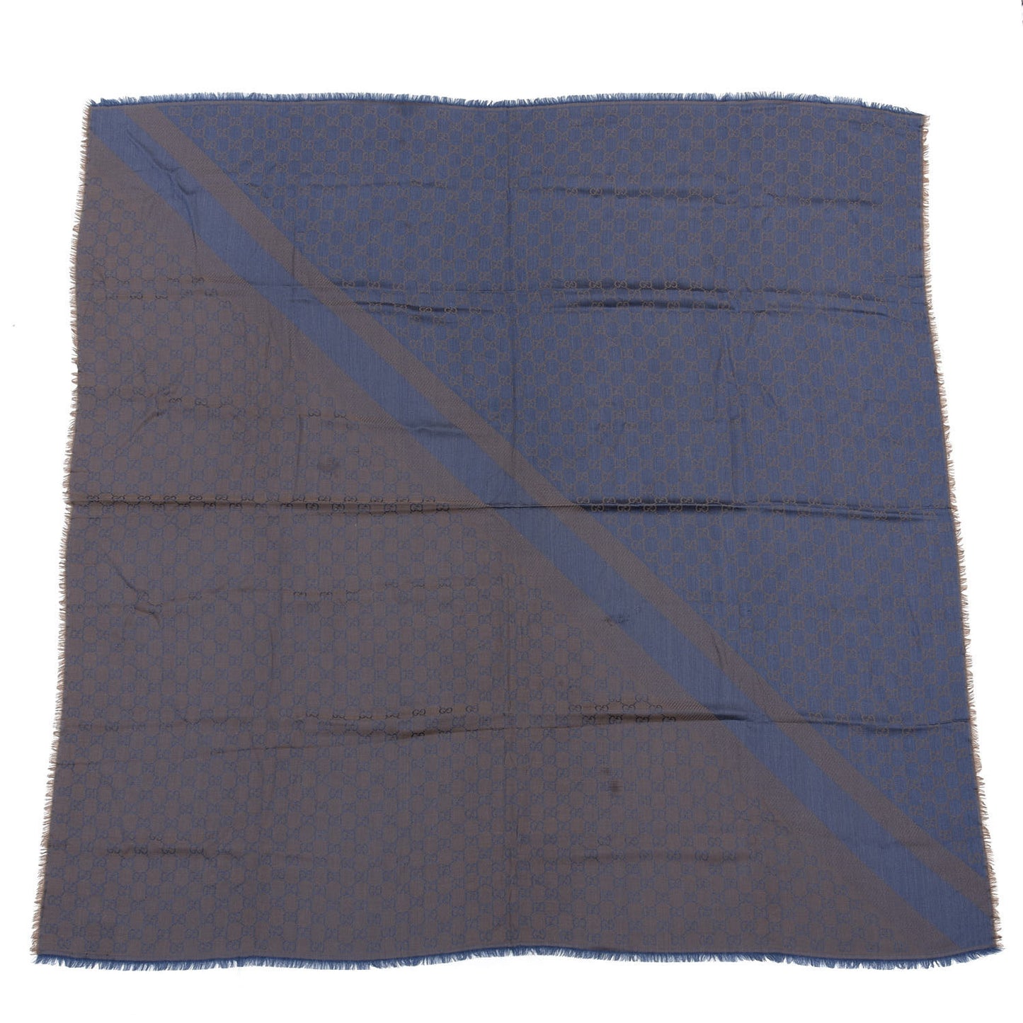 Wool Silk Monogram GGWeb Fringe Shawl Taupe Sky Blue