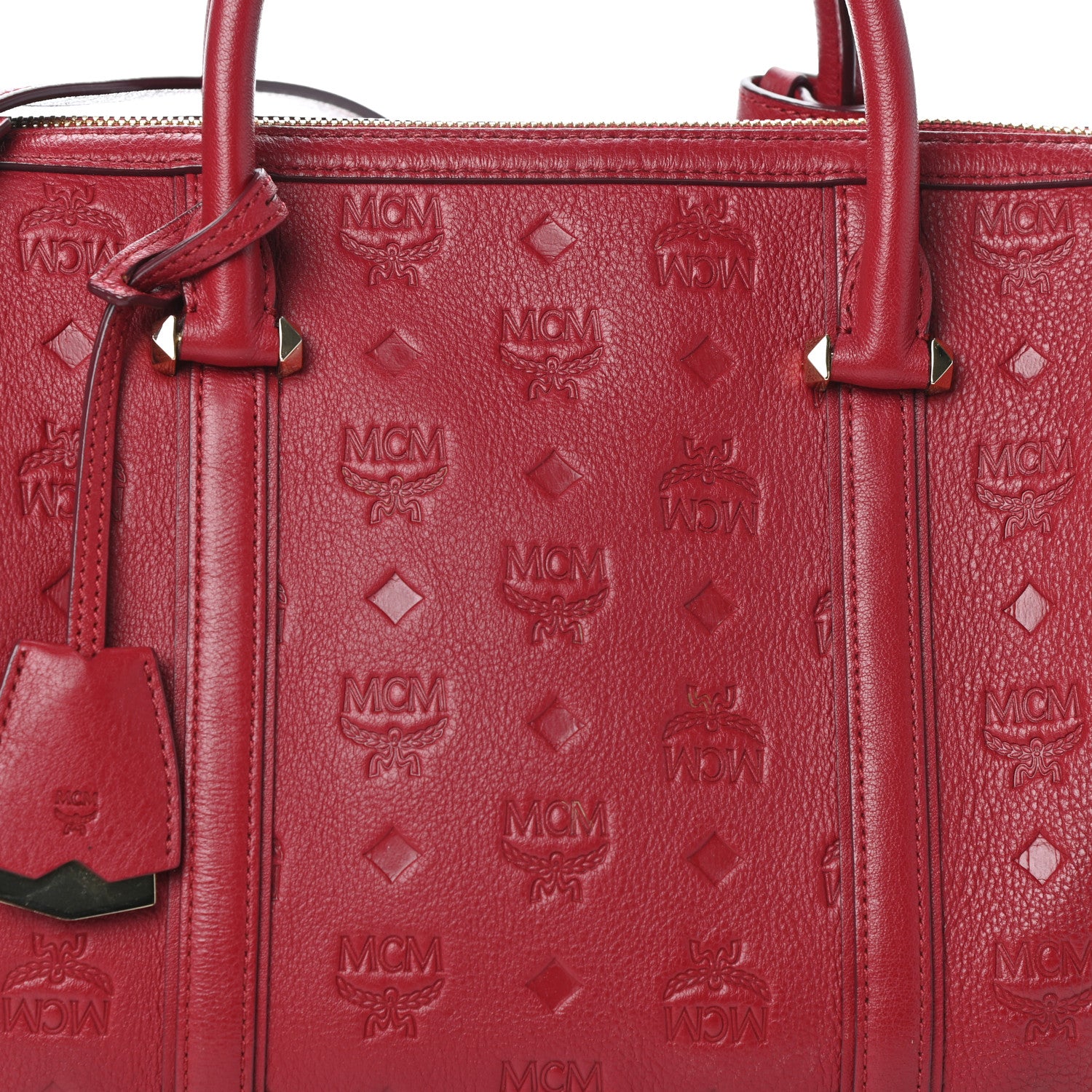 MCM Calfskin Ottomar Monogram Boston Bag Red 7 of 9