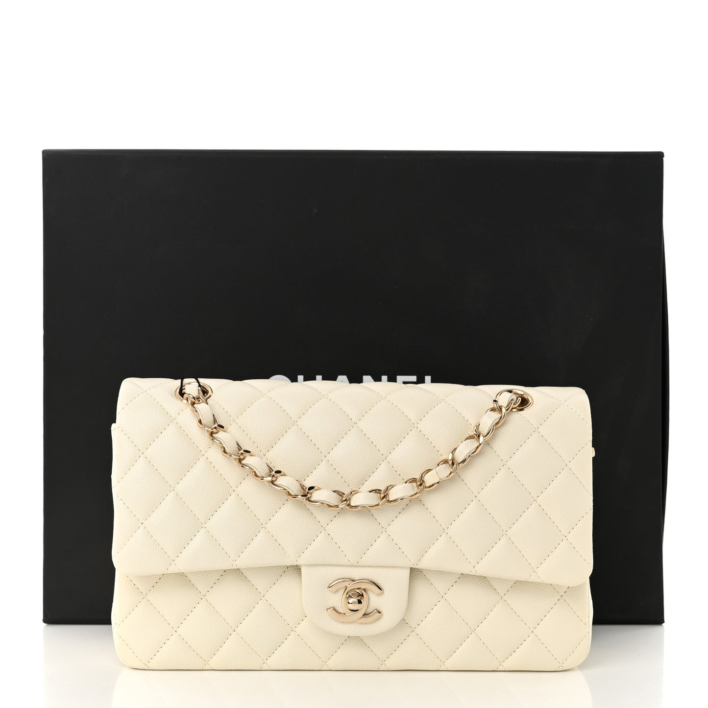 Caviar Quilted Medium Double Flap White