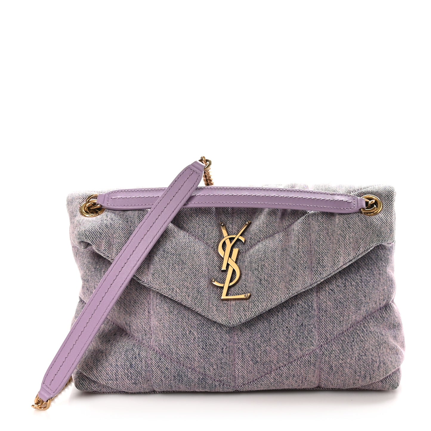 Denim Quilted Small Loulou Puffer Monogram Chain Satchel Bleached Lilac