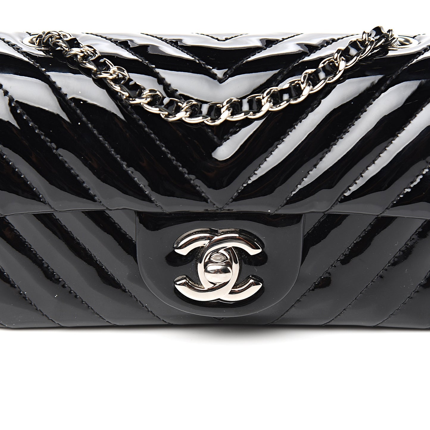 Patent Calfskin Chevron Quilted Extra Mini Flap Black