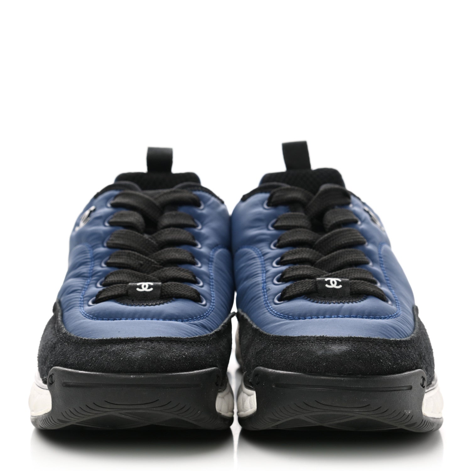 Chanel Nylon Suede Calfskin Womens Logo Sneakers 37.5 Blue Navy Dark Navy 2 of 10