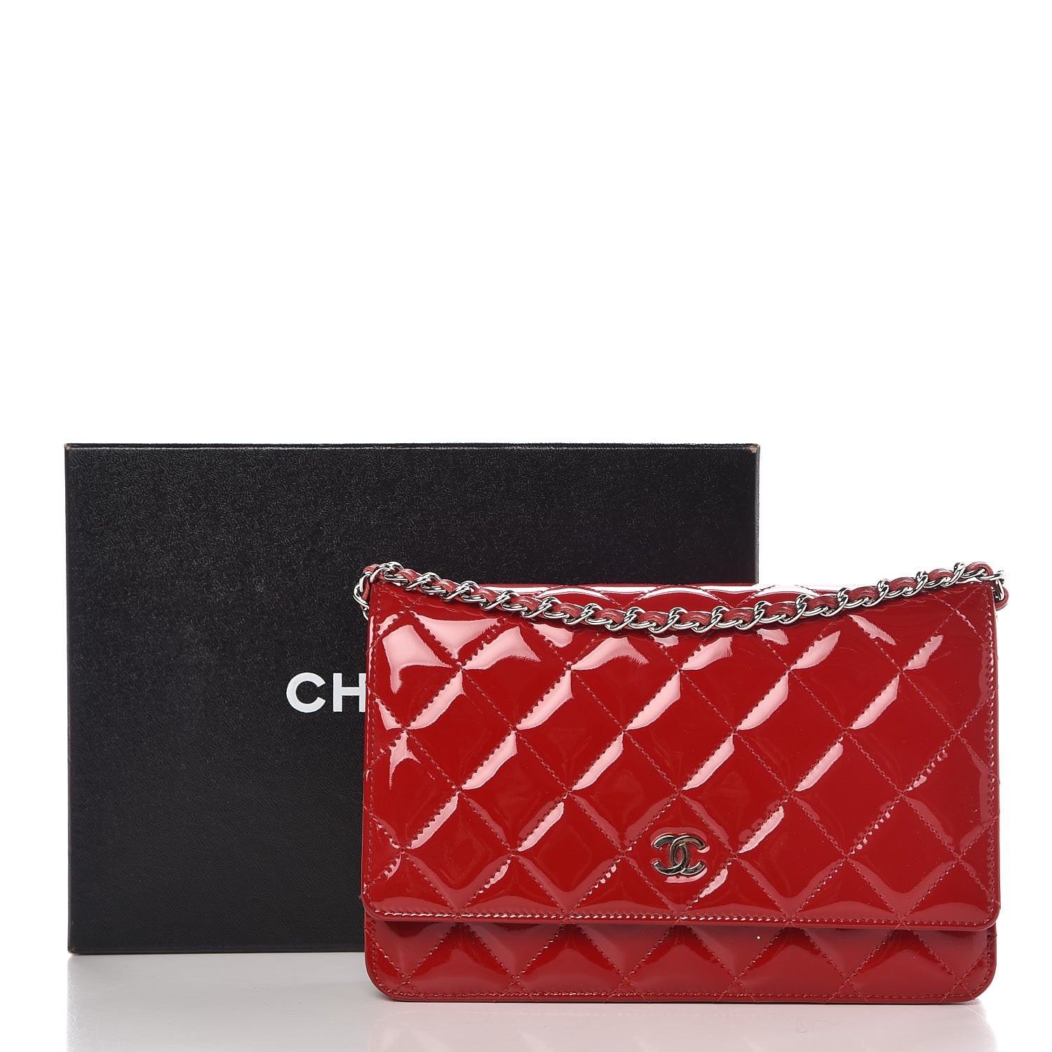 Chanel Patent Quilted Wallet On Chain WOC Red 9 of 9