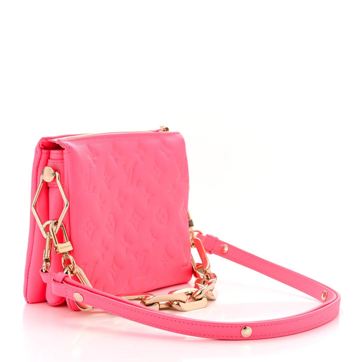 LOUIS VUITTON Calfskin Embossed Monogram Coussin BB Rose Fluo