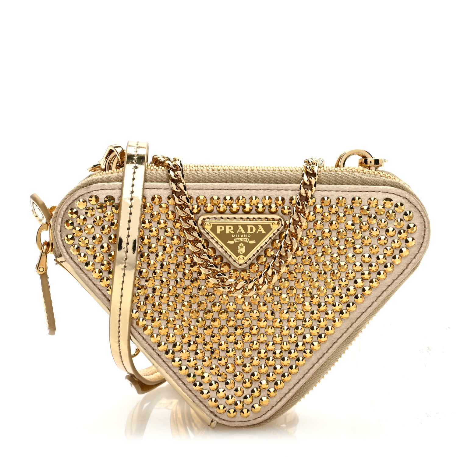 PRADA バッグ キャラメル Prada Satin Crystal Mini Triangle Crossbody Pouch Platino