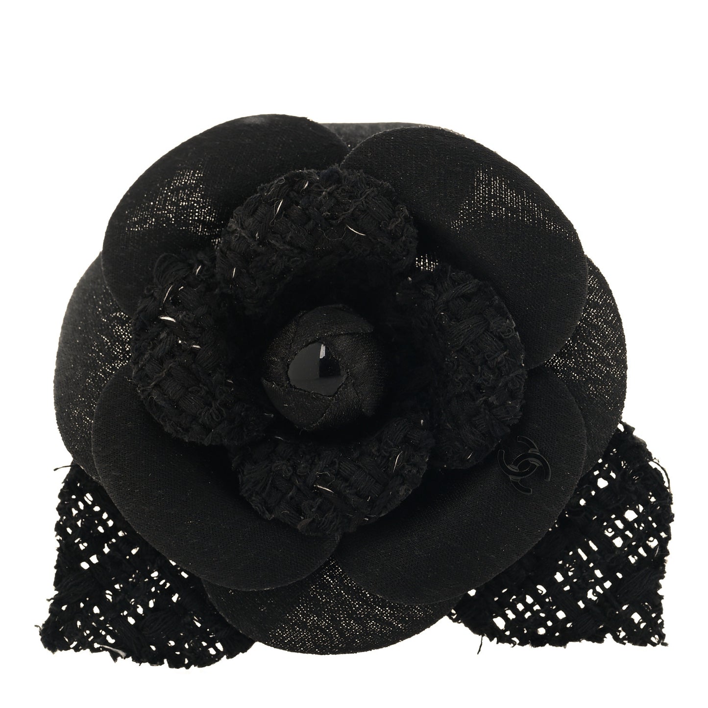 Tweed Camellia Pin Brooch Black