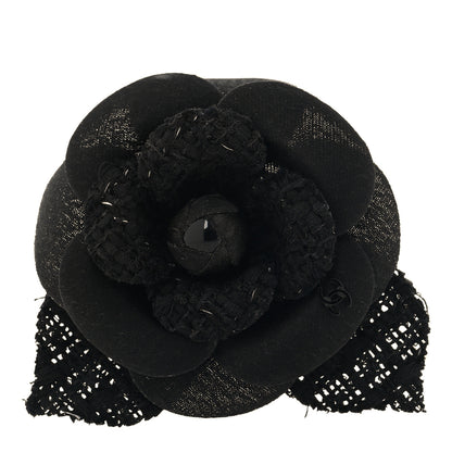Chanel Tweed Camellia Pin Brooch Black 1 of 3