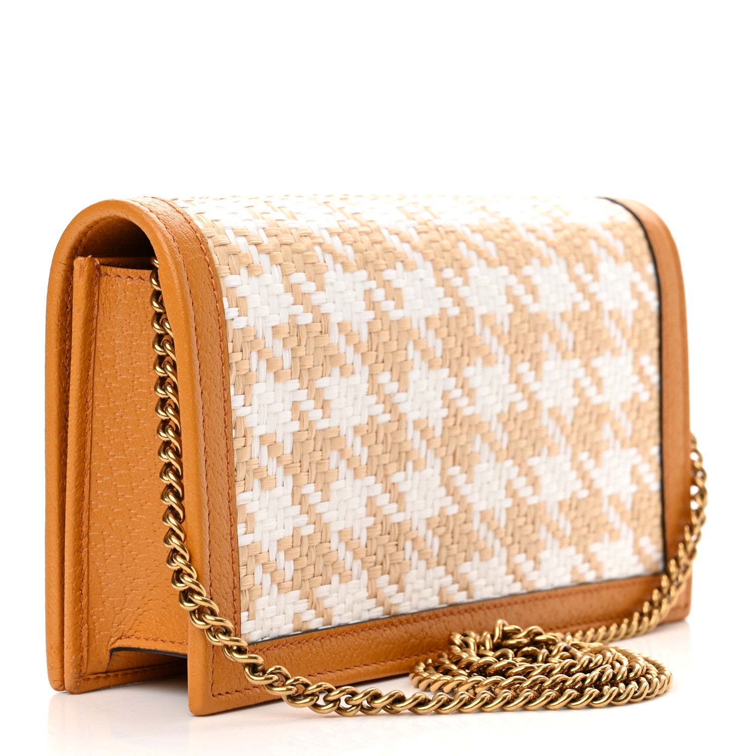 Gucci Polished Raffia Textured Dollar Calfskin Houndstooth Mini Diana Chain Bag Natural Sun Oil Mystic White 2 of 9