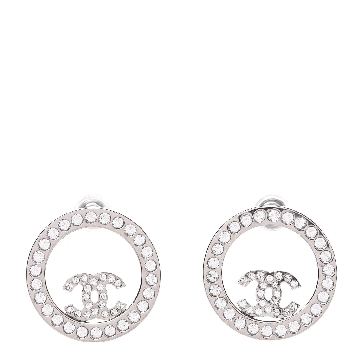 Chanel Crystal CC Round Earrings Silver 1 of 4