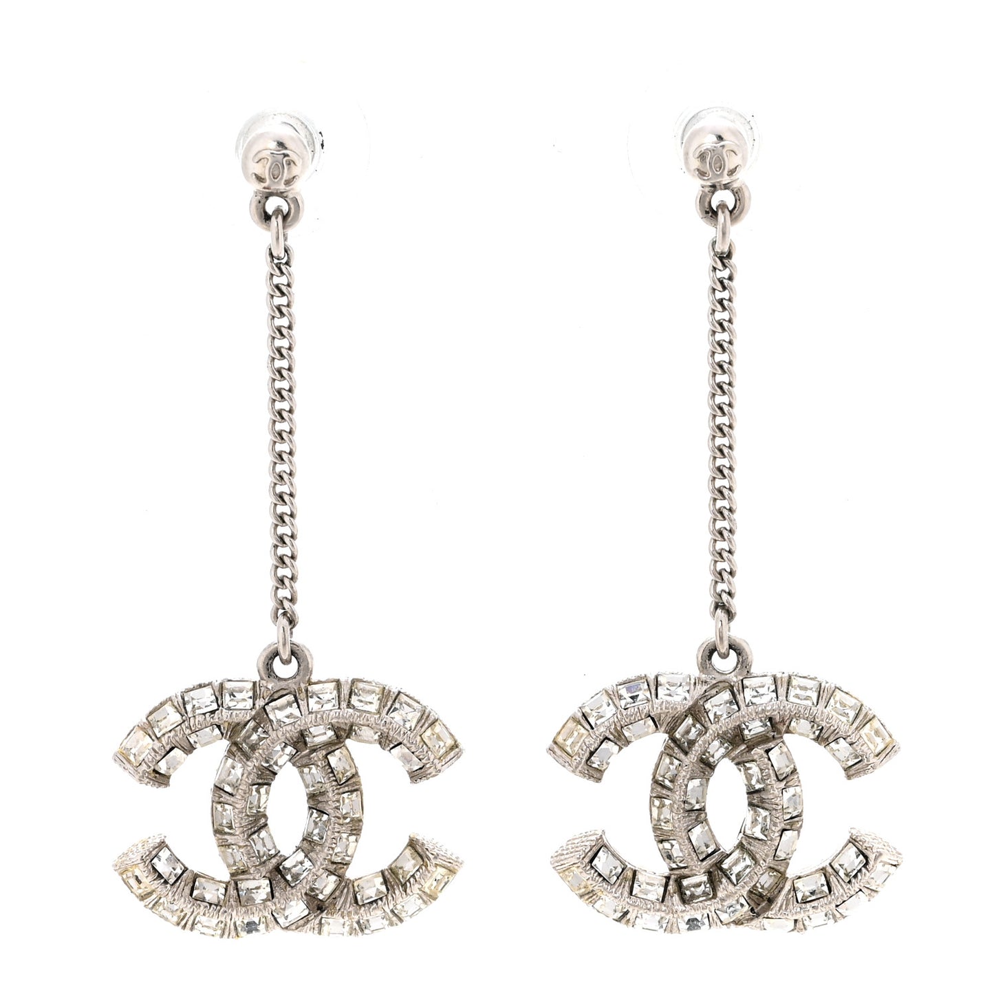 Baguette Crystal CC Drop Earrings Silver
